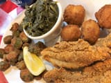 catfish, hushpuppies, okra, and collards