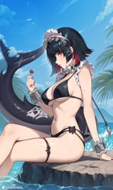 yande.re 1190169 bikini ellen_joe garter helloimtea maid swimsuits tail wet zenless_zone_zero