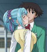 gelbooru.com 4757837 1boy 1girl animated animated_gif aono_tsukune blue_hair breast_on_chest breast_press sample