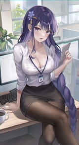 yande.re 1032323 cleavage dress_shirt genshin_impact open_shirt pantyhose raiden_shogun wolla