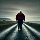 DALL·E 2025-02-15 19.30.10 - A dramatic cinematic scene of a lone overweight and balding man walking down an empty gravel road by the sea. The man is positioned in the center of t