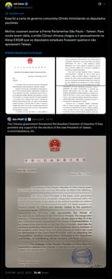 carta do governo comunista Chinês intimidando os deputados paulistas