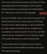 irish arrested 100 days 3 days overstay with calf injury