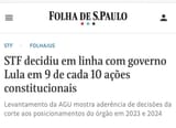 STF DECIDIU EM LINHA COM GOVERNO LULA EM 9 DE 10 AÇÕES