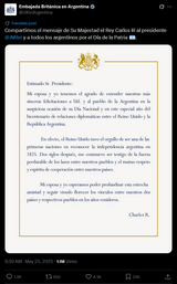 Screenshot 2025-07-17 at 16-46-56 Embajada Británica en Argentina on X Compartimos el mensaje de Su Majestad el Rey Carlos III al presidente @JMilei y a todos los argentinos por el Día de la Patria 🇦🇷. https __t.co_jRIRQK3[...]
