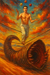 Tightrope Walker Over Monstrous Beast