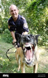 dangerous-police-dog-with-police-man-attacking-on-order-woods-in-the-BHGDDN