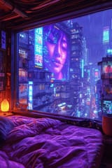 Cyberpunk-Apartment-Bedrooms-with-a-City-View-AI-Artwork-2-683x1024