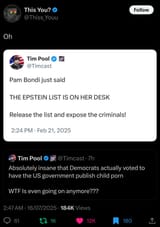 tim pool pam bondi epstein list release child porn democrats