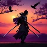 a-samurai-warrior-in-a-field-of-grass-with-crows-and-a-sunset_948762-2440