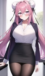 masterpiece_1girl_ibaraki_kasen_bandaged_arm_bangs_bun_cover_pink_eyes_cuffs_looking_at_viewer_black_jacket_black_skirt_pantyhose_glasses_white_shirt_office_lady_s-1740223113