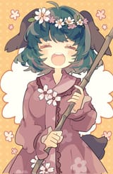 touhou kyouko flowers in hair hold broom smile