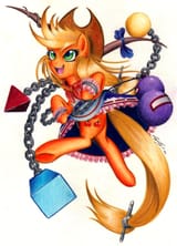 1030146__safe_artist-colon-lavosvsbahamut_applejack_earth+pony_pony_g4_applejack27s+hat_chains_clothes_cowboy+hat_crossover_female_flying+kick_geometry_hat_ibuk
