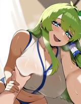 1girl, solo, kochiya sanae, upper body, [masoq], girl on top, pov, pov hands, {{ s-271432063