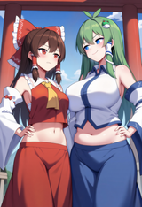 2girls, kochiya sanae, hakurei reimu, height difference, outdoors, shrine, wuliw s-2603873917