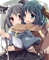 touhou kyouko and nazrin hug from behind shared scarf