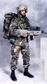 military US army woodland future rifle and helmet