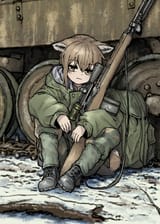 little fox leaned against a tank
