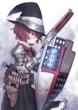 witch with a magical tactical shield and an engraved shorty auto-5
