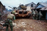 Marines take cover behind a tank, Battle of Hue 1968