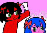 [www.bury.pink] gif green_eyes ebil blue_hair pink_skin 2characters smile no_nose red_skin furrowed_brow sad frown violence abuse v-shaped_eyebrows dithering hitting paper wall-eyed - 1624
