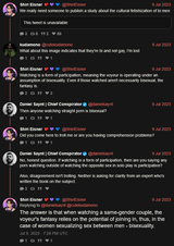 Screenshot 2025-06-16 Shiri Eisner 💖💜💙 (@ShiriEisner) The answer is that when watching a same-gender couple the voyeur&#039;s fantasy relies on the potential of joining in thus in the case of women sexualizi[...]