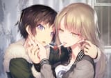 Konachan.com - 231188 2girls blonde_hair brown_hair cigarette close hood long_hair nilitsu original purple_eyes short_hair smoking yellow_eyes