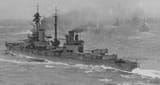 Dreadnought HMS Agincourt operating at sea in 1918, with all fourteen of her 12 inch (305 mm) guns trained out to port 