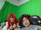 Morikawa red wig and Hiyama blue lips