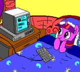 1761806__artist+needed_safe_twilight+sparkle_pony_unicorn_g4_bed_blanket_computer_ega_female_golden+oaks+library_keyboard_limited+palette_lying+down_lying+on+be