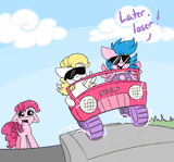 352447__safe_artist-colon-spittfireart_firefly_pinkie+pie_surprise_g1_abuse_animated_female_jeep_jerk_pinkiebuse_power+wheels_sunglasses