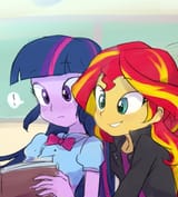 772172__dead+source_safe_artist-colon-baekgup_sunset+shimmer_twilight+sparkle_equestria+girls_g4_book_duo_exclamation+point_female_lesbian_reading_ship-colon-s