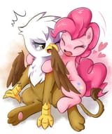622451__safe_artist-colon-aymint_gilda_pinkie+pie_griffon_g4_female_heart_hug+from+behind_lesbian_pixiv_ship-colon-gildapie_shipping