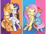 2062007__safe_artist-colon-kingkero_applejack_fluttershy_rainbow+dash_rarity_pony_g4_cute_dashabetes_female_hug_jackabetes_lesbian_raribetes_ship-colon-flutterd