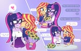 2929518__safe_artist-colon-tomi_ouo_sci-dash-twi_sunset+shimmer_twilight+sparkle_human_equestria+girls_g4_3p_bare+shoulders_belly+button_bisexual+female_blushin