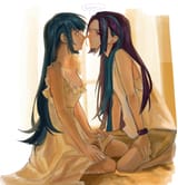 3606314__safe_artist-colon-cadence_sniffa_aria+blaze_sonata+dusk_human_g4_clothes_dialogue_duo_female_humanized_kneeling_lesbian_looking+at+each+other_looking+a