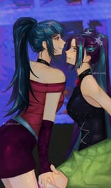 3606333__safe_artist-colon-cadence_sniffa_aria+blaze_sonata+dusk_human_equestria+girls_g4_blushing_choker_clothes_disguise_disguised+siren_duo_evening+gloves_fe