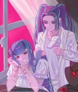 3606236__safe_artist-colon-cadence_sniffa_aria+blaze_sonata+dusk_human_equestria+girls_g4_choker_clothes_drying_duo_hair+dryer_jewelry_looking+at+you_necklace_n