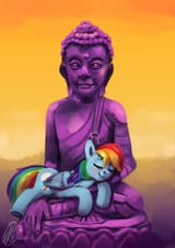 1622088__safe_artist-colon-toisanemoif_rainbow+dash_buddha_buddhism_pegasus_pony_prone_sleeping_smiling_statue