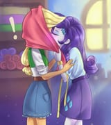 1489842__safe_artist-colon-tcn1205_derpibooru+exclusive_applejack_rarity_equestria+girls_g4_clothes_exclamation+point_eyes+closed_female_implied+kissing_kiss+on