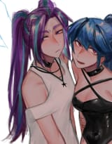 3607949__safe_artist-colon-cadence_sniffa_aria+blaze_sonata+dusk_human_equestria+girls_g4_breasts_choker_cleavage_duo_female_jewelry_lesbian_necklace_scar_self+