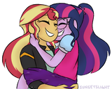 1490052__safe_artist-colon-sunsetslight_sci-dash-twi_sunset+shimmer_twilight+sparkle_equestria+girls_g4_bridal+carry_duo_eyes+closed_female_hug_lesbian_ponytail