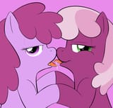 67456__suggestive_artist-colon-lamia_berry+punch_berryshine_cheerilee_earth+pony_pony_g4_drool_duo_female_french+kiss_kissing_lesbian_mare_pink+background_shi