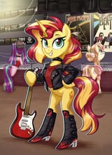 3610224__safe_artist-colon-askometa_aria+blaze_sunset+shimmer_oc_earth+pony_pony_unicorn_g4_background_badass_bipedal_boots_castle+rock_choker_clothes_cute_full
