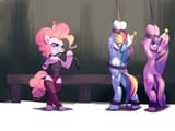 462988__suggestive_artist-colon-bakki_pinkie+pie_rainbow+dash_twilight+sparkle_pegasus_pony_g4_ballgag_bipedal_blushing_bondage_bound+wings_clothes_female_gag_