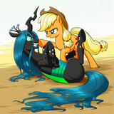 Feral, Pony, Applejack, Queen Chrysalis, hoof wrestling, holding hooves, duo, fi s-2395569027