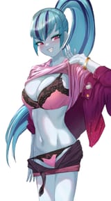 2868626__suggestive_artist-colon-_sonata+dusk_human_equestria+girls_g4_belly+button_blushing_bra_breasts_busty+sonata+dusk_cleavage_clothes_grin_jacket_one+eye+