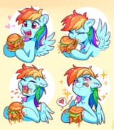 2982562__safe_artist-colon-588399249969_rainbow+dash_pegasus_pony_g4_-colon-p_abstract+background_bacon_burger_cheese_cute_dashabetes_ear+fluff_eating_eyes+clos
