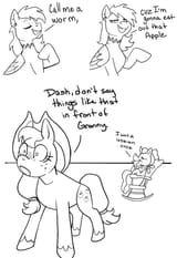3492032__source+needed_safe_artist-colon-leavemebetosleep_applejack_granny+smith_rainbow+dash_earth+pony_pegasus_pony_g4_applejack27s+hat_black+and+white_blushi
