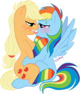407890__suggestive_artist-colon-g-dash-blue16_applejack_rainbow+dash_earth+pony_pegasus_pony_g4_bedroom+eyes_clothes_duo_eye+contact_female_french+kiss_hatless